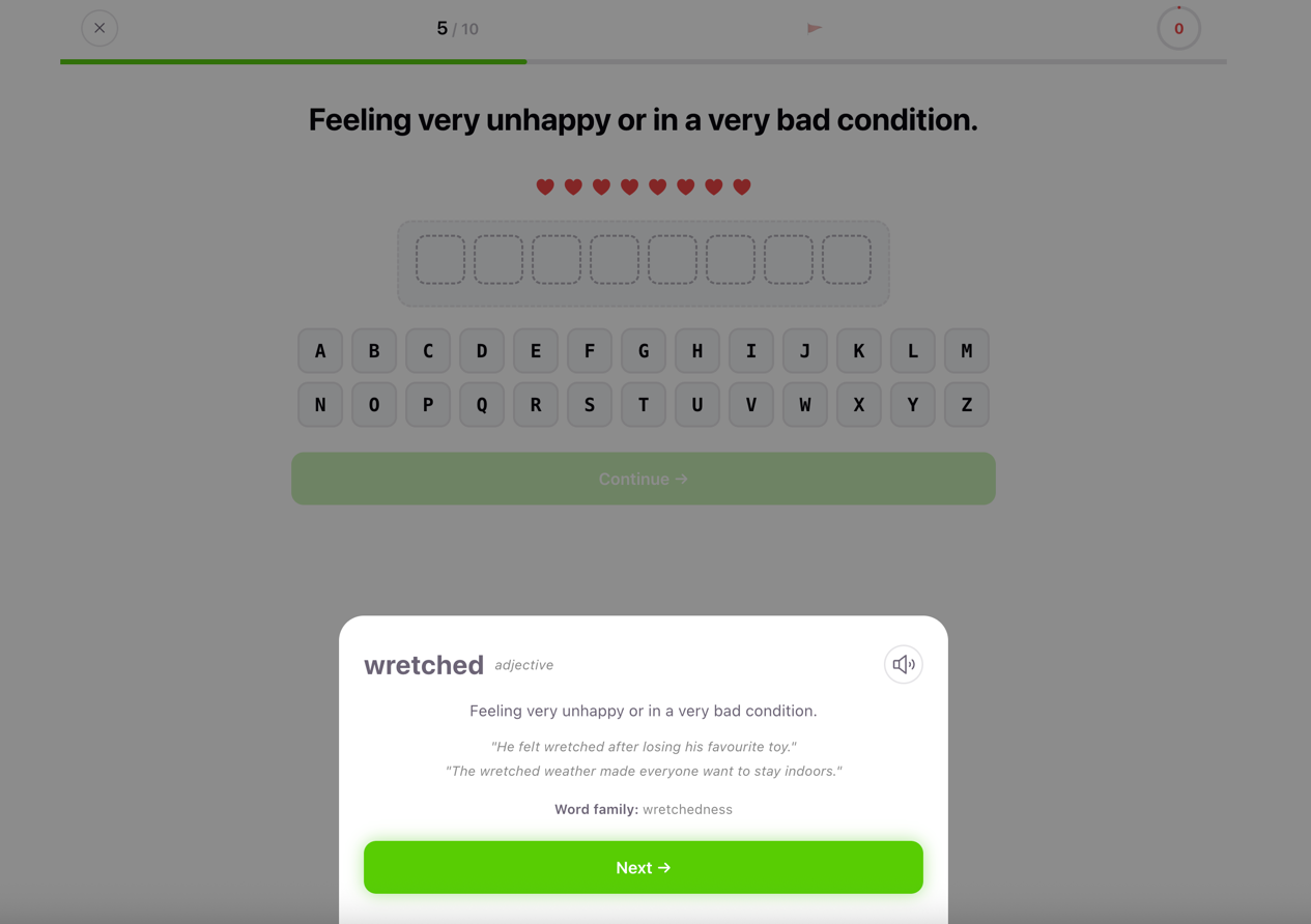 Word explanation card showing the word "wretched" with its definition and an example sentence